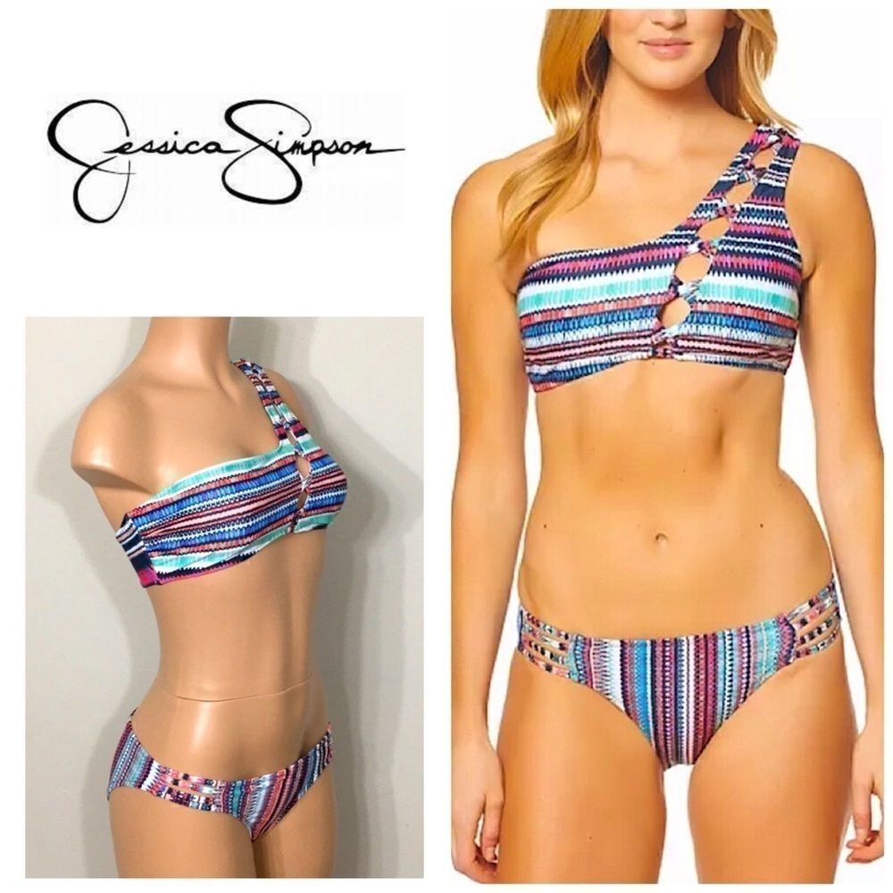 Jessica Simpson multicolored one-shouldered bikini